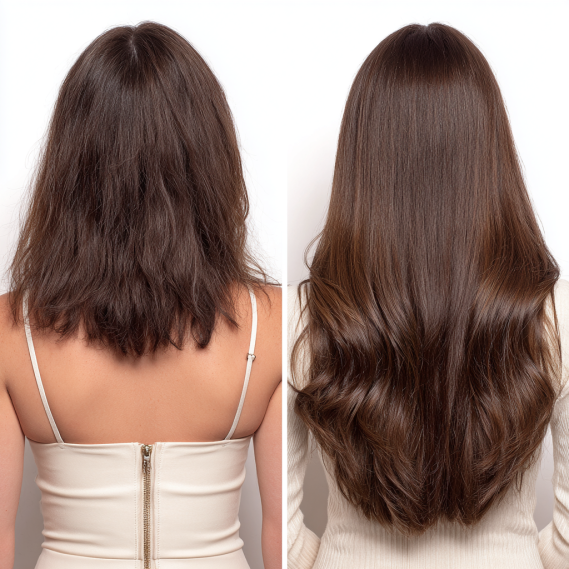 Split image showing the back of a woman's hair before and after getting tape-in hair extensions.