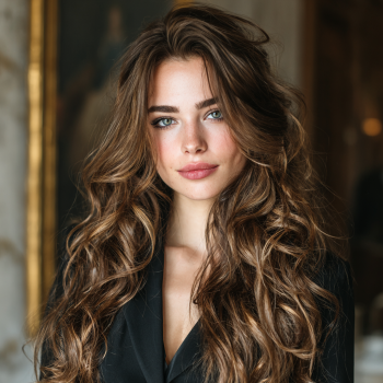 A smiling woman with long, straight hair extensions, with a modern beauty salon as the background.