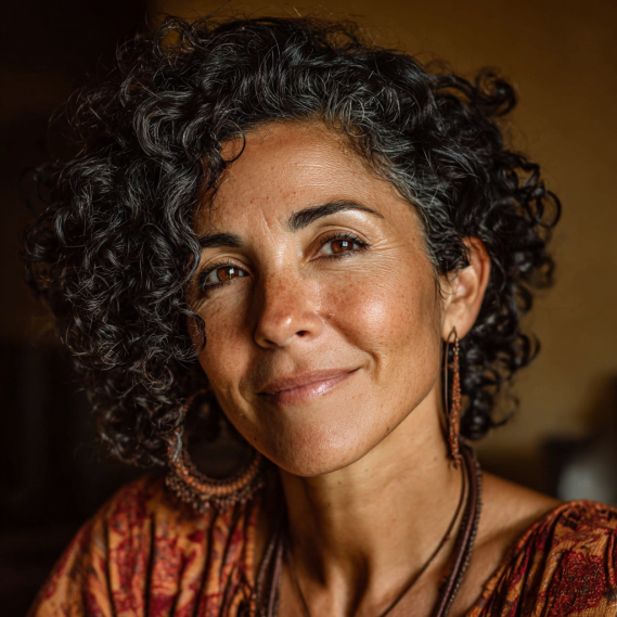 A woman with a warm smile in a cozy home setting, showcasing her everyday look with tape-in hair extensions.