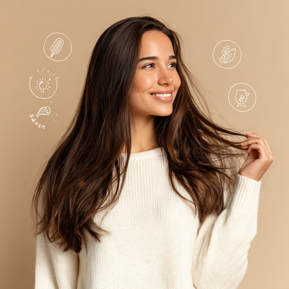 Sew in Hair Extensions 7 A smiling woman with long, straight dark hair, holding a strand to show the seamless blend of tape-in hair extensions.