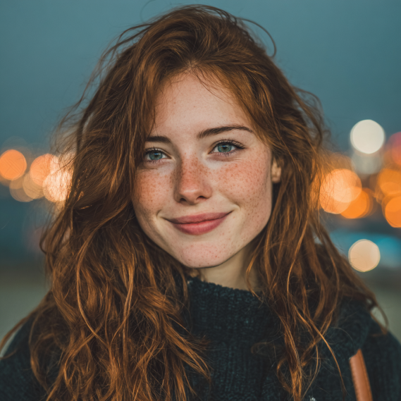 A young woman with long, wavy auburn hair extensions, smiling naturally in a casual outdoor setting.