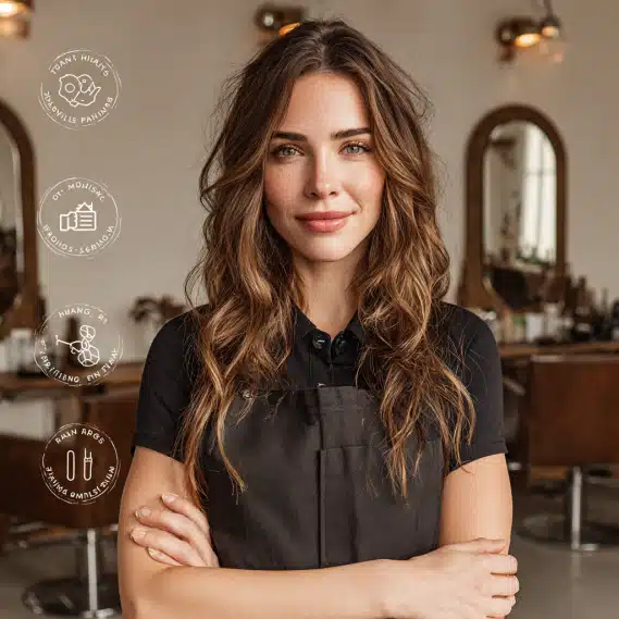 Contact 6 A professional female hair stylist standing in a modern salon with icons highlighting key services for hair extensions.