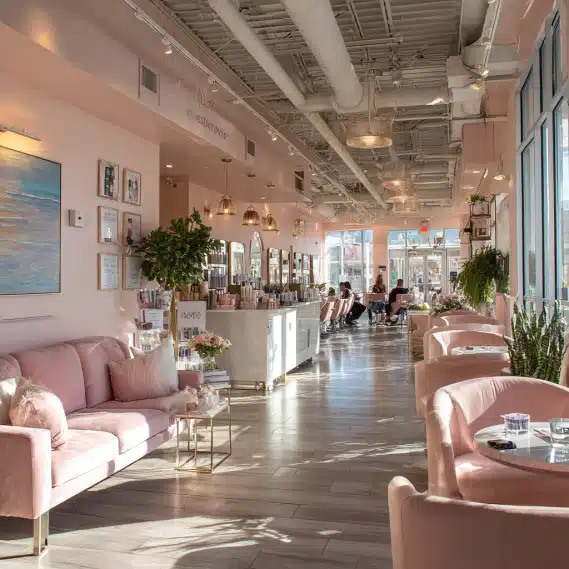 Contact 5 The reception and waiting area of a modern and luxurious hair salon with natural sunlight and comfortable seating.