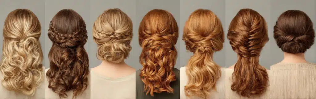 A back view of multiple women showcasing diverse hair extension hairstyles, including updos, braids, and sleek straight hair.