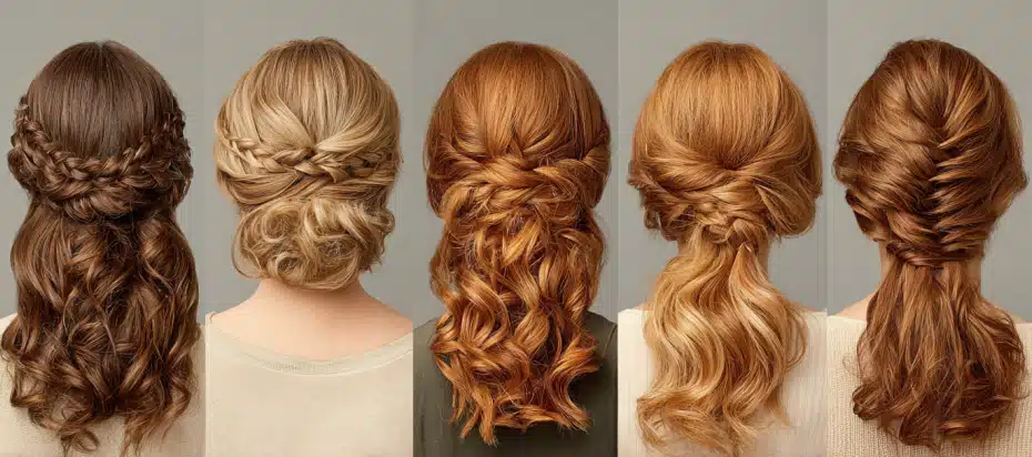 Top 35 Hair Extension Hairstyles for Every Occasion 1 A back view of multiple women showcasing diverse hair extension hairstyles, including updos, braids, and sleek straight hair.