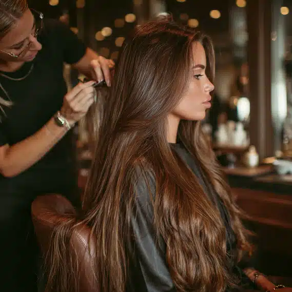 Services 1 A stylist carefully applying new hair extensions to a client in a clean, modern hair salon.