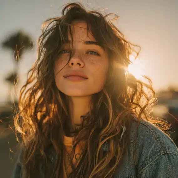 A young woman with long, wavy balayage hair standing near palm trees, showcasing a natural California style.