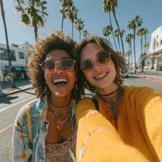Two young women with flawless hair extensions laughing and taking a group selfie on a sunny Californian street.