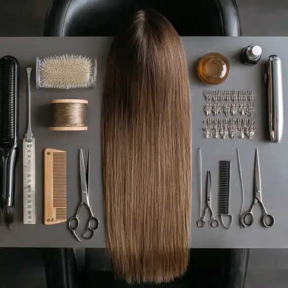 Services 2 An overhead view of a salon table with tools for hair extensions weft, including a bundle of hair, a needle, and thread.
