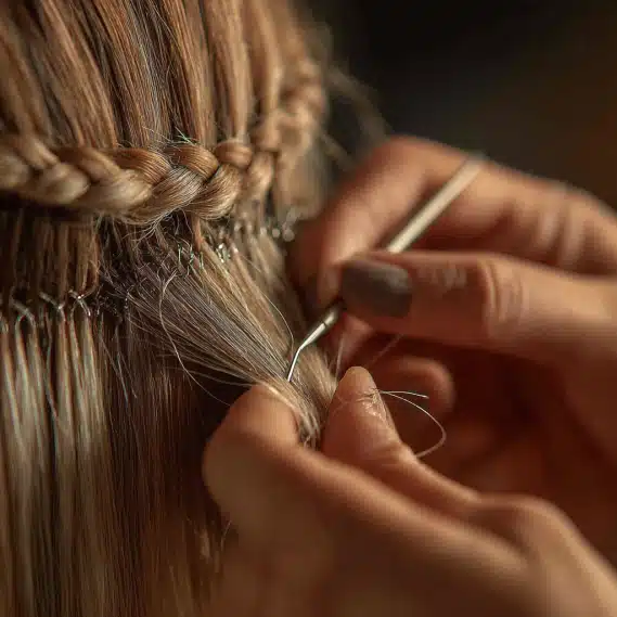 A hair stylist carefully sectioning natural hair and using a needle to tie a hand-tied hair extensions weft.