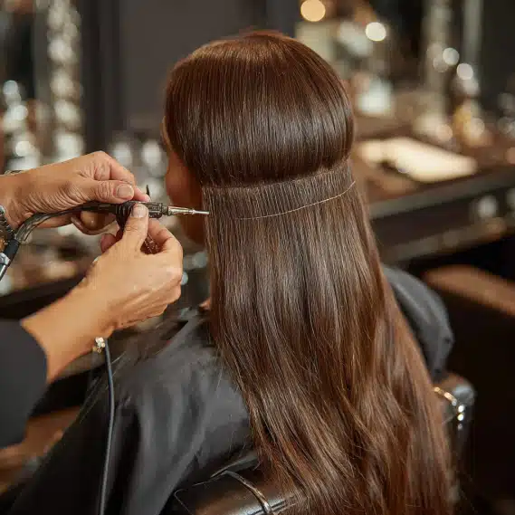 Contact 3 A professional stylist's hands machine-sewing a hair extensions weft into a client's natural hair.