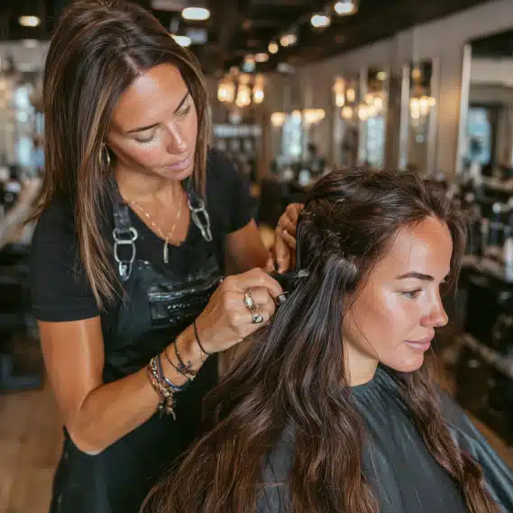 A professional hair stylist carefully sewing machine weft hair extensions onto a client's hair in a modern salon.