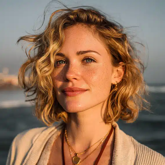  A close-up portrait of a 30-year-old California woman with wavy hair and keratin fusion hair extensions.