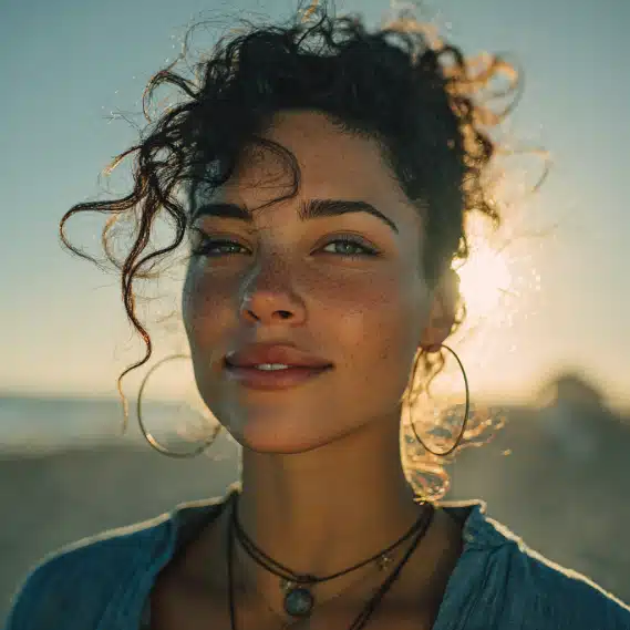A woman with a natural hairstyle and long hair, showcasing the seamless blend of keratin fusion hair extensions on a sunny beach.