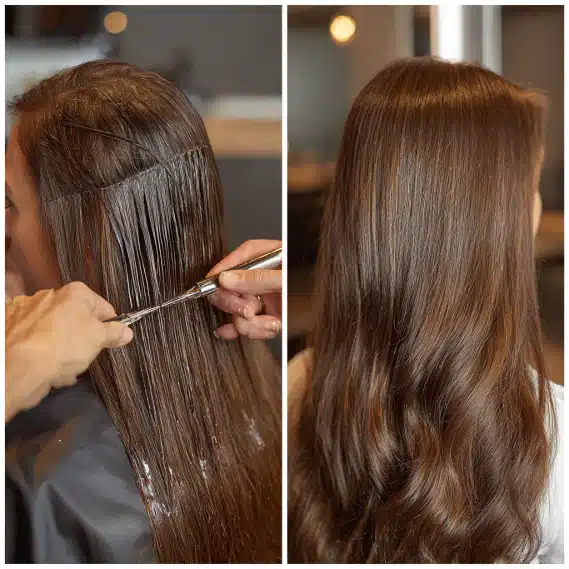 A close-up of a hair stylist's hands applying pre-bonded keratin tip extensions with a professional fusion iron.