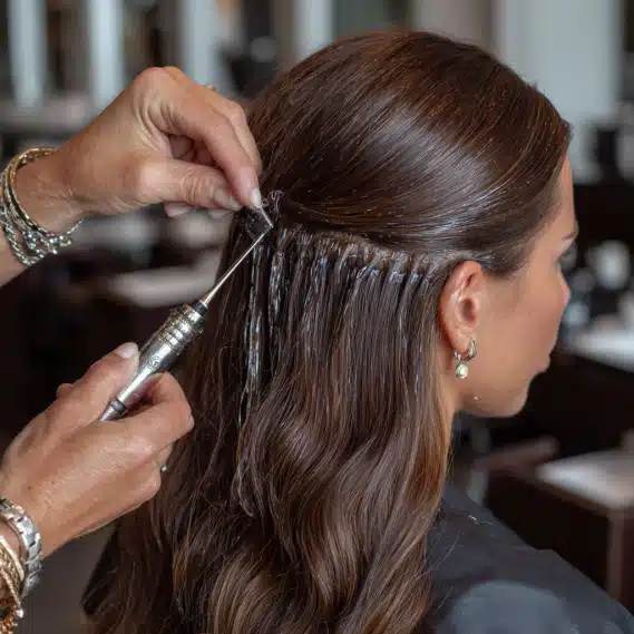 A close-up of small keratin bonds being attached at the roots of hair for a flawless finish.