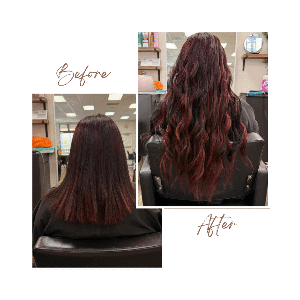 Before and After of beautiful hair extensions, showing a dramatic increase in length and volume achieved at a professional salon.