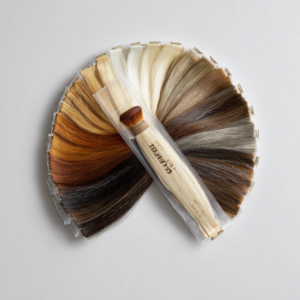 Detailed view of hair extension color ring showing ash, caramel, copper, and chestnut shades.