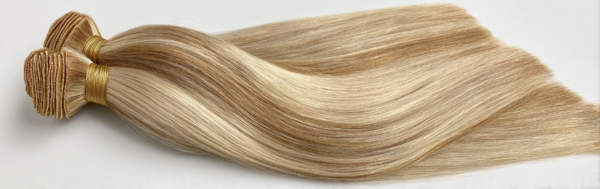 Close-up of light blonde Hair Extension Genius Wefts showing silky smooth texture and natural shine.