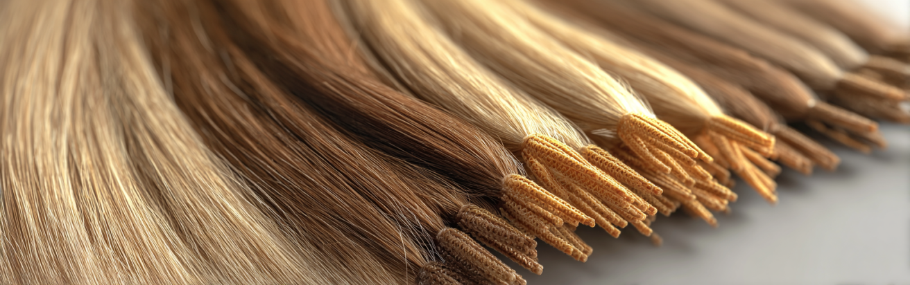 16 Inch I Tip Hair Extensions 2 Close-up of neatly arranged luxury I-Tip Hair Extensions, focusing on the I-shaped keratin tips