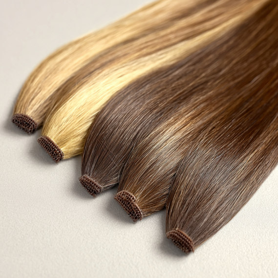 Detailed close-up of premium Keratin V-tip Hair Extensions and strong keratin bonds on a neutral surface