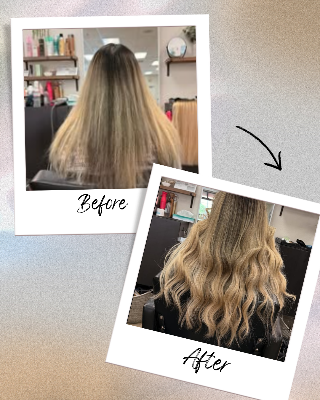 Stunning side-by-side photo showing a significant hair transformation using natural I-Tip extensions for volume and length.