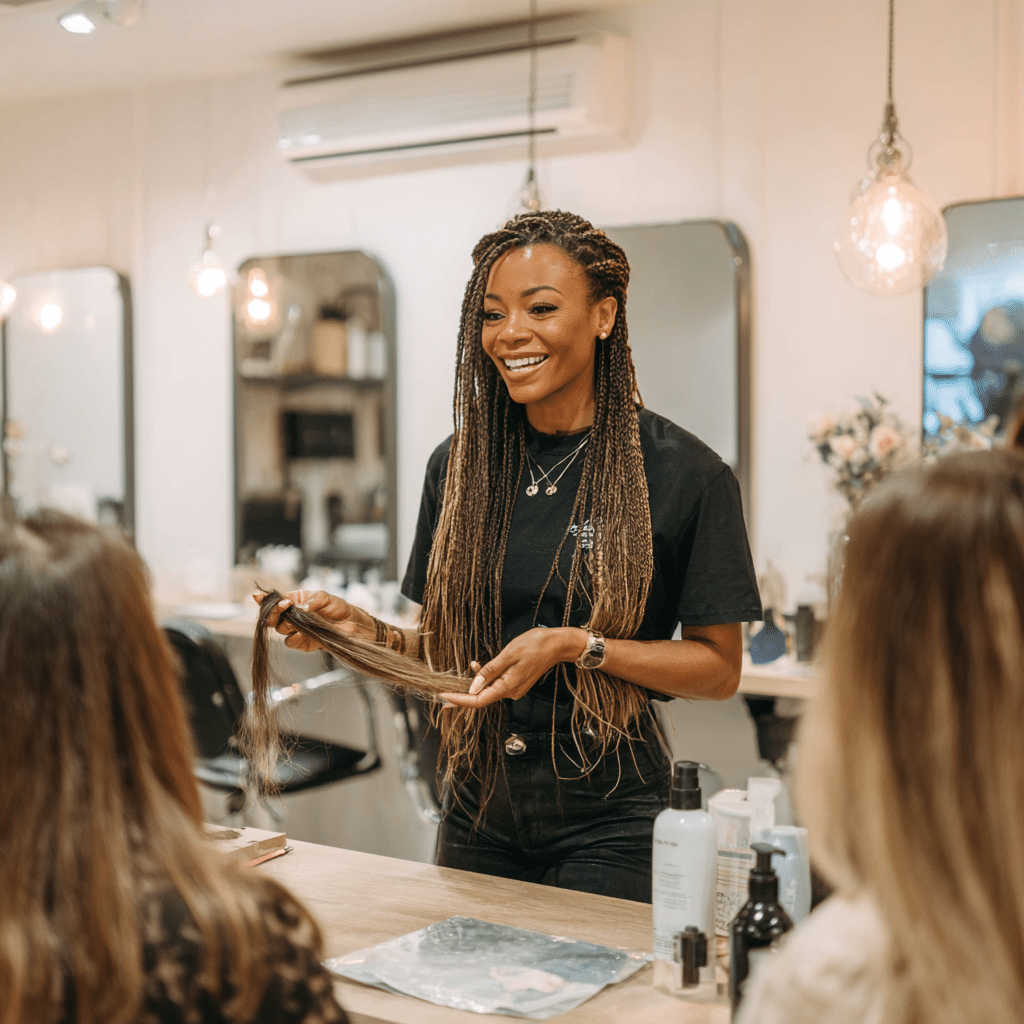 Students practicing hair extension application on mannequins in the bright, elegant classroom of the Hair Extension Academy.