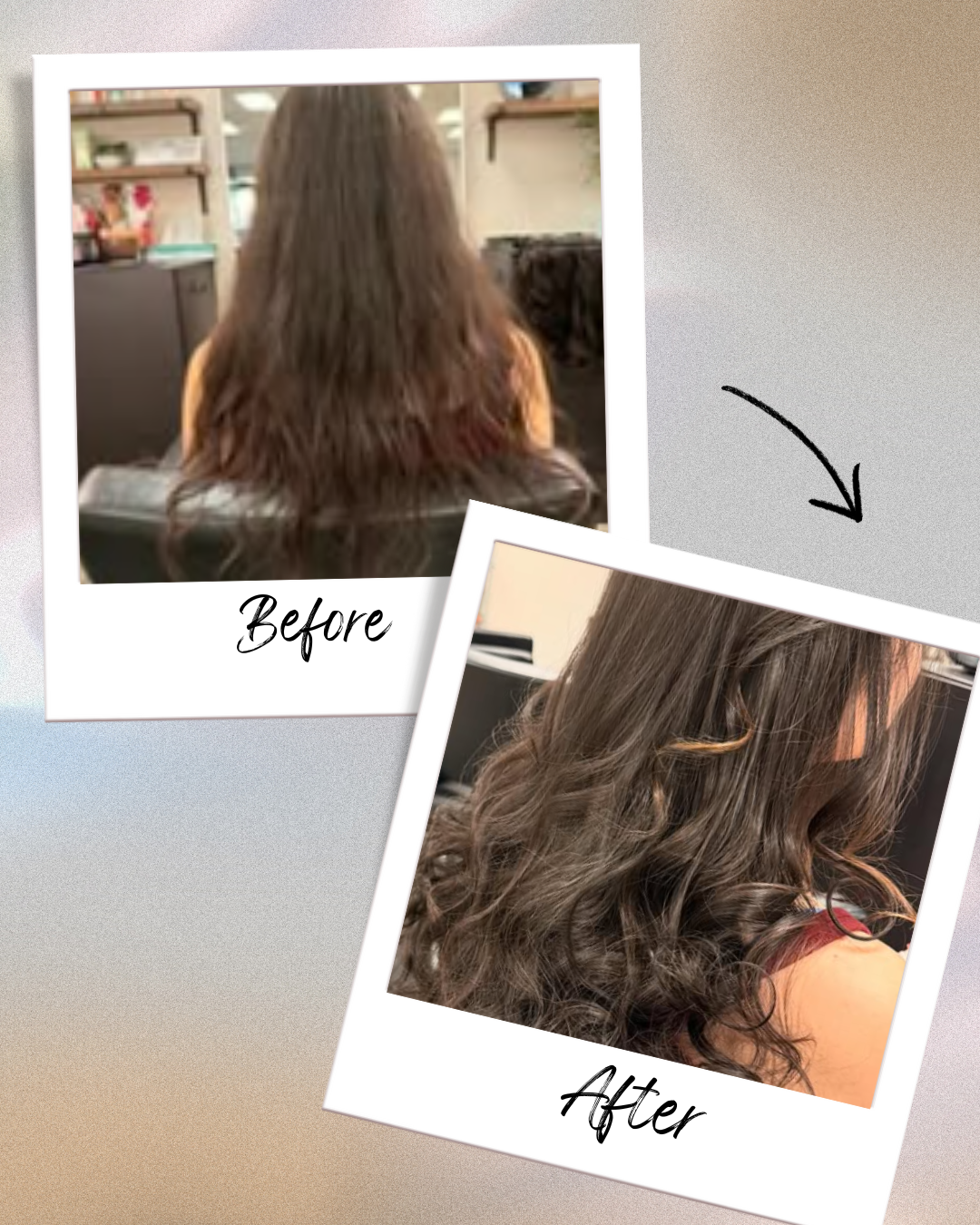 Split image comparing short, fine hair (Before) to thick, long hair (After) achieved with expertly applied I-Tip extensions.