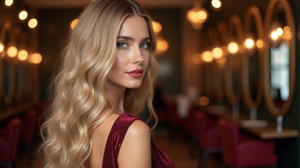 Beautiful woman in festive Christmas outfit posing, showcasing Holiday Discounts fashion.