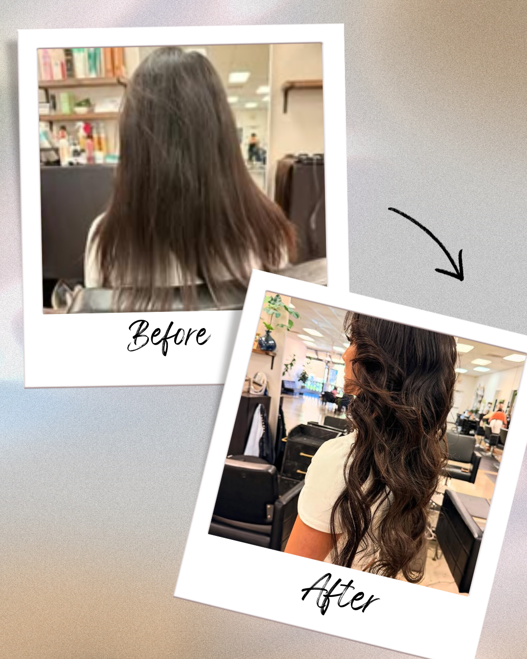 Side-by-side comparison showcasing the significant increase in hair length and density using premium keratin fusion extensions.