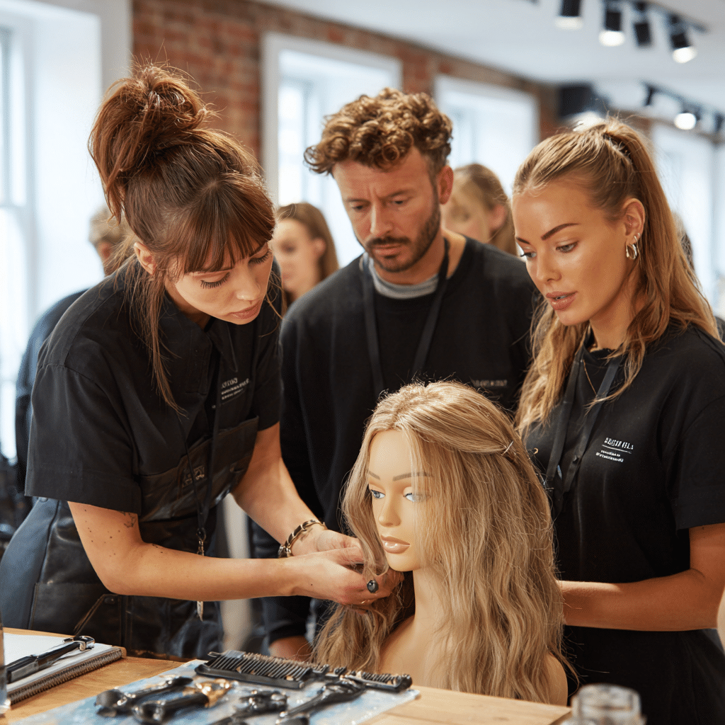 Close-up shot of an expert instructor showing a precise hair extension attachment technique to attentive students in an hair extension education course.