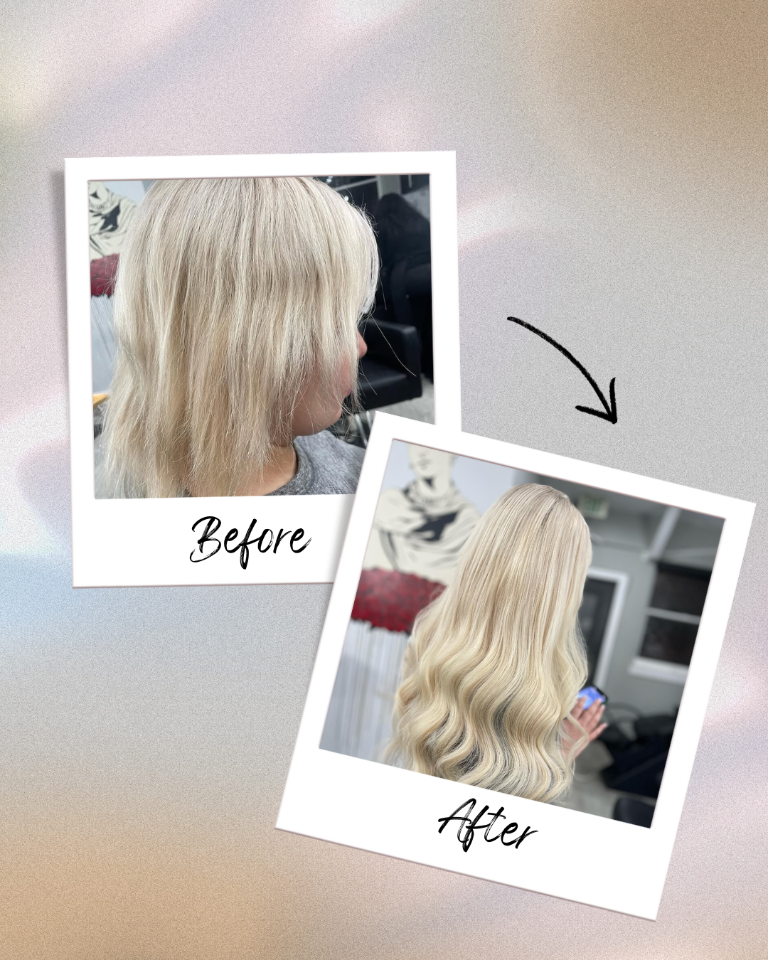 Full-length shot of a person's hair transformation, highlighting the added length and blend of the tape-in extensions.