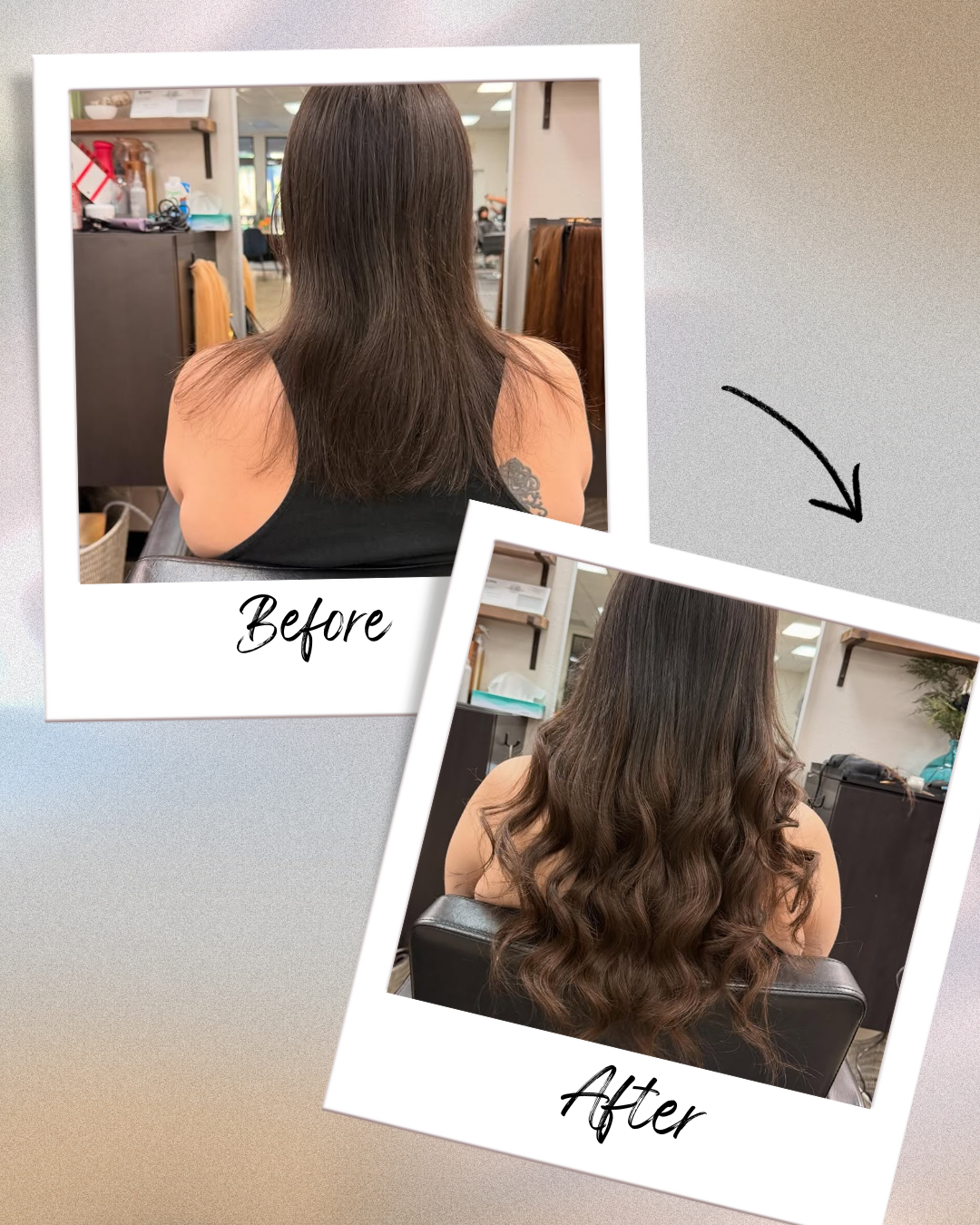 Client portrait showing glossy, healthy, long hair achieved with keratin fusion extensions after the final styling and blend.