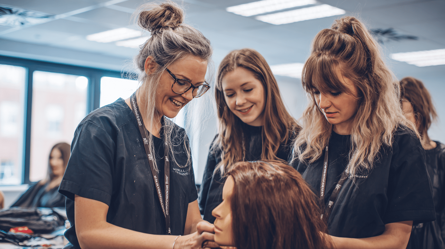 Hair Extension Training 1 Three focused students practicing hair extension techniques on mannequins in a well-lit classroom, part of their hair extension education.