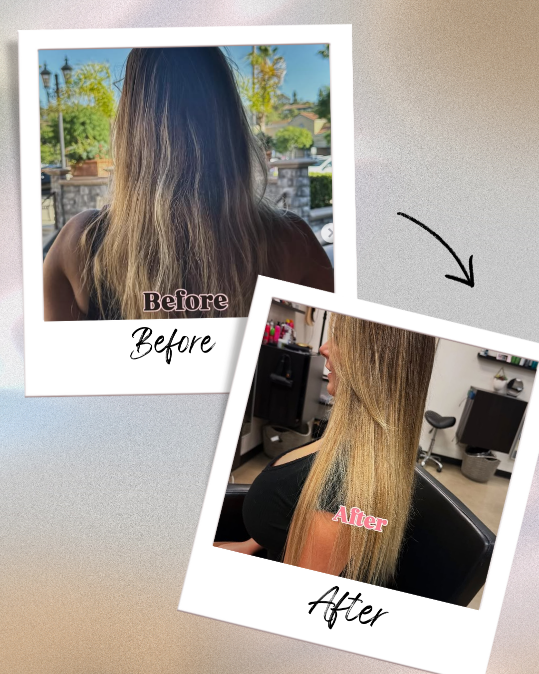 Sew in Hair Extensions 9 Headshot showing a significant hair transformation using sew in extensions, comparing the initial state to the final long, voluminous style.