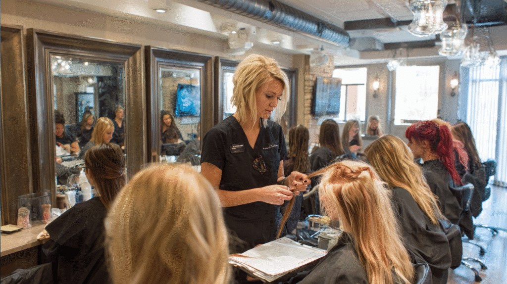 Female instructor demonstrating precise extension application to a small group of students at a professional Hair Extension Academy.